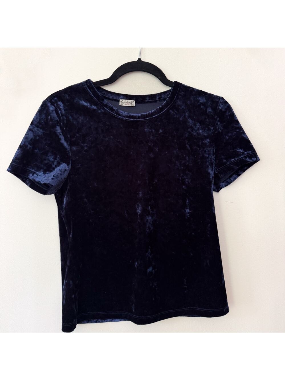 Free People Intimately Crushed Velvet Tee Top Navy Blue Size M Cute Short Sleeve